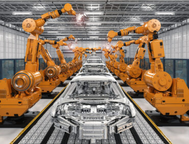 3d rendering robot assembly line in car factory