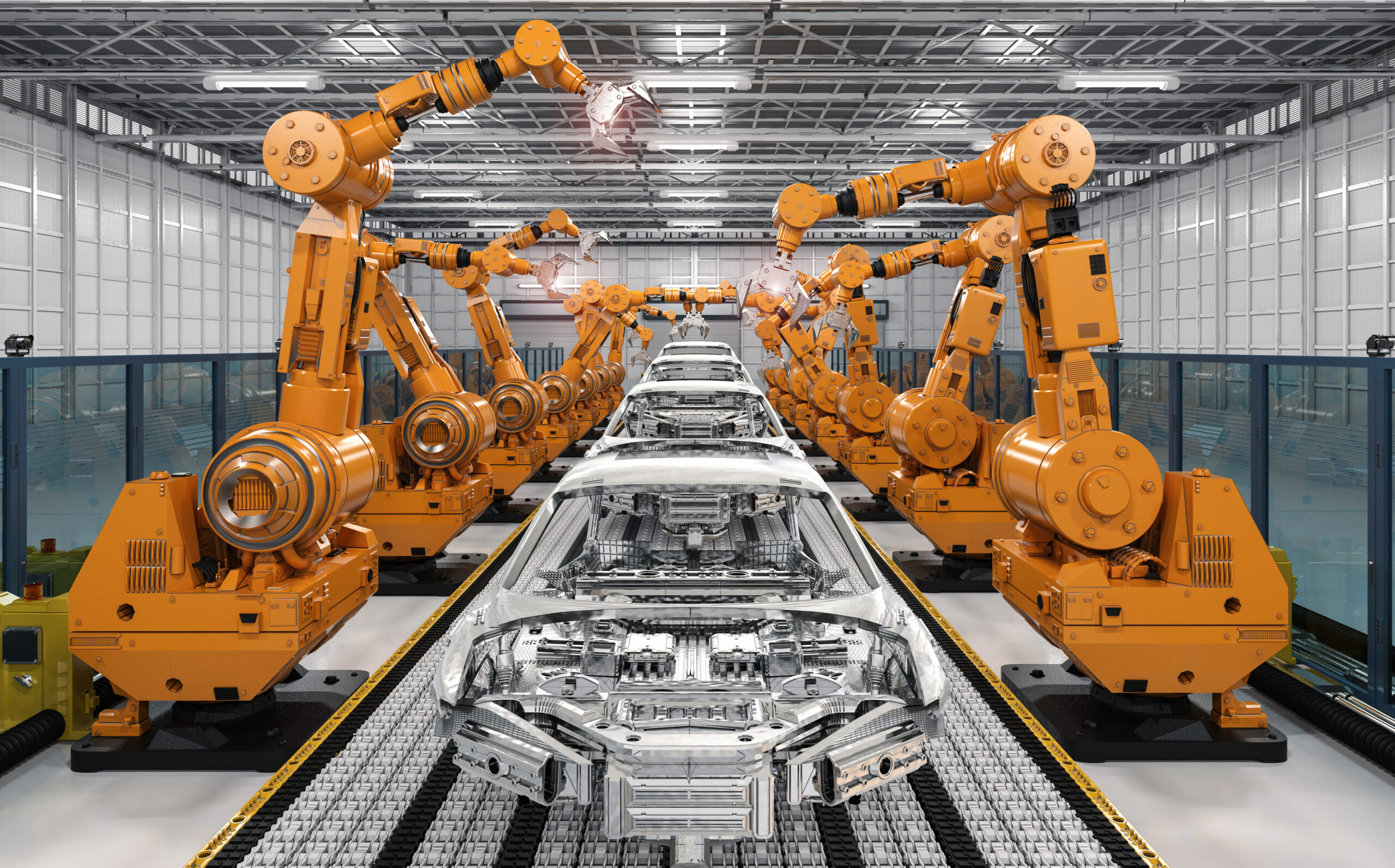 3d rendering robot assembly line in car factory